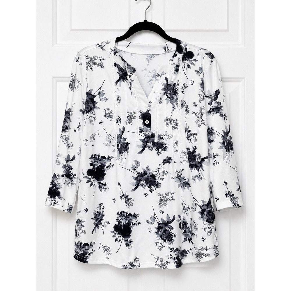 Ivicoer Floral Henley Blouse White Black 3/4 Sleeve Pintuck Lace Trim Top NEW